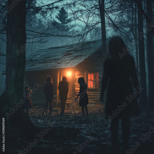 a group of people standing in front of a small wooden house in the woods.   photo