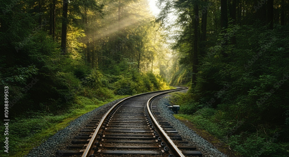 Obraz premium Scenic railway track winding through a lush green forest