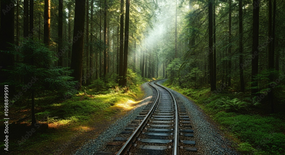 Fototapeta premium Scenic railway track winding through a lush green forest