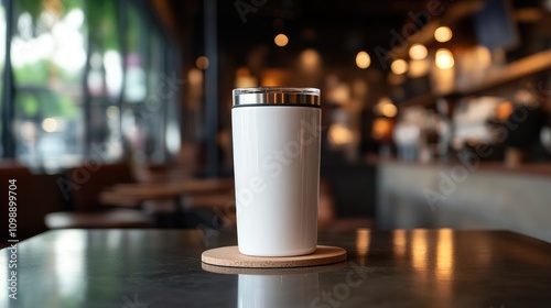 Close-up of a sleek white 20oz skinny tumbler with a lid on a wooden coaster, set against a softly blurred modern cafÃ© interior. photo