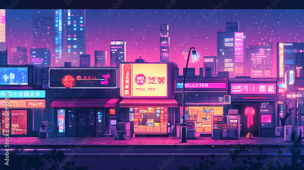Fototapeta premium Cyberpunk futuristic dystopian city street strip with shops, stores, and markets in urban downtown plaza. sci-fi civilization narrow market district. Sci-fi. Illustration