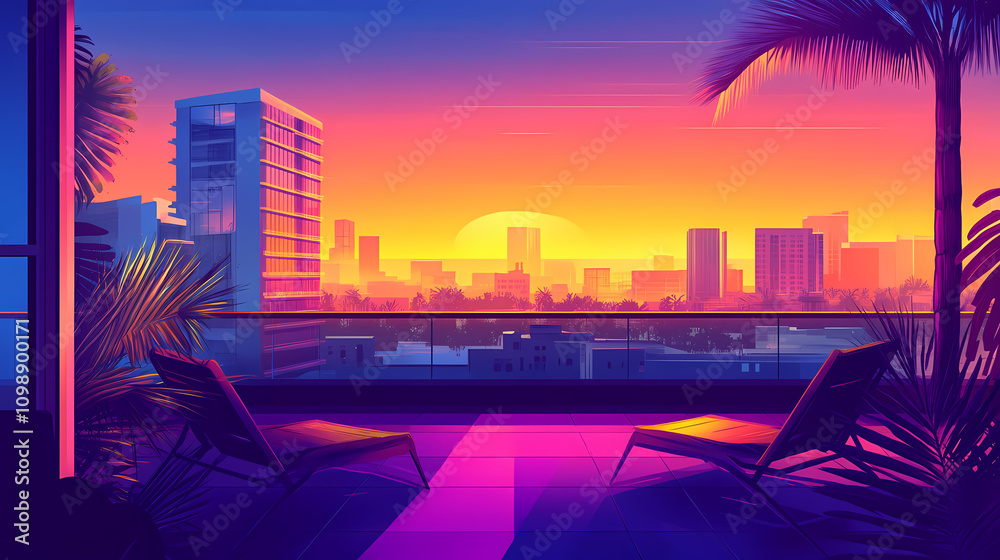 Fototapeta premium Desert cyberpunk wasteland lo-fi sci-fi post apocalyptic city balcony terrace view from skyscraper building at sunset. landscape cityscape cyber town slum ghetto. Sci-fi. Illustration