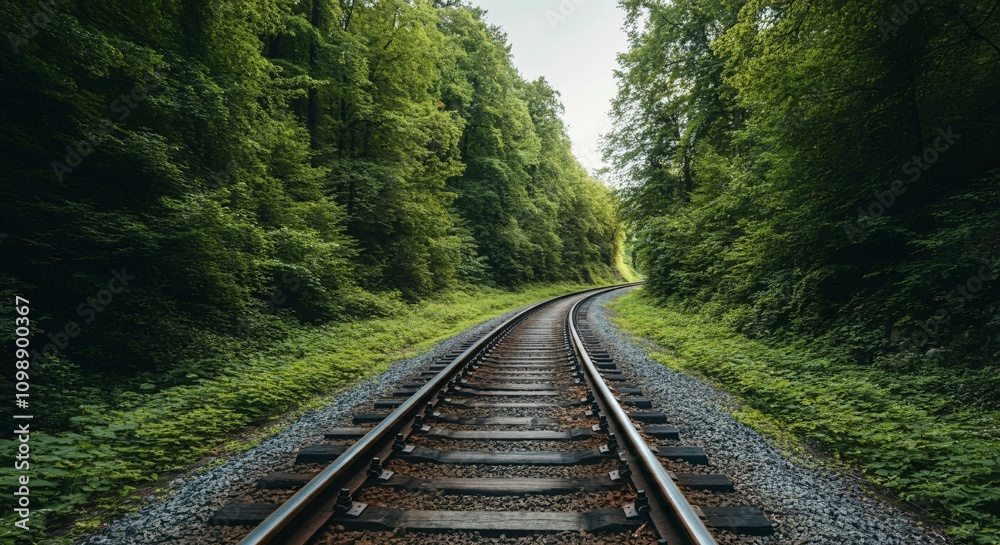 Fototapeta premium Scenic railway track winding through a lush green forest
