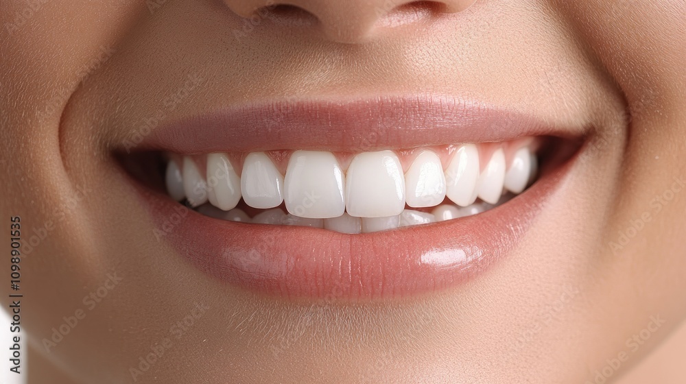 Obraz premium Close-up of a smiling face showcasing bright, pristine teeth, with emphasis on the mouth and chin against a clean white background, ideal for dental service promotion.