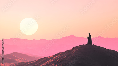 Minimalist Jesus Silhouette Against Gradient Sunset, Simplicity and Peace, Biblical Illustration, Beige Background, copyspace photo