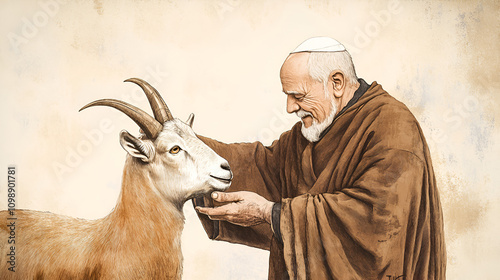 Leviticus Ritual: CloseUp of Priest Checking Animal for Blemishes Before Offering, Biblical Illustration, Bible Wall Art, Beige Background photo