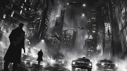 Agents pursue fugitive hiding in gritty futuristic city streets at night - high-stakes chase through moody monochromatic urban landscape. Sci-fi. Illustration