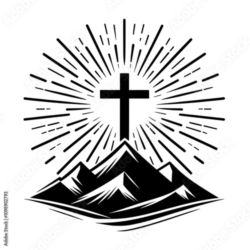 Simple Christian design of a black vector silhouette of a Christian cross on the mountain with sun rays in a sunburst style, isolated on a transparent background