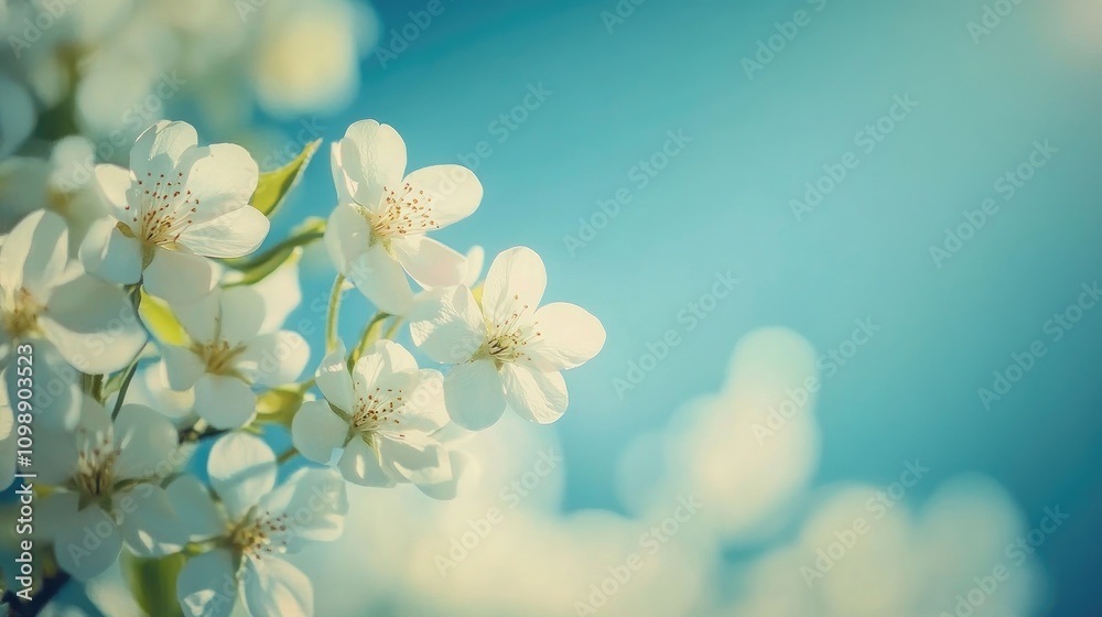 Fototapeta premium Delicate white blossoms on a tree branch illuminated by soft sunlight against a serene blue sky, creating a peaceful and fresh atmosphere.