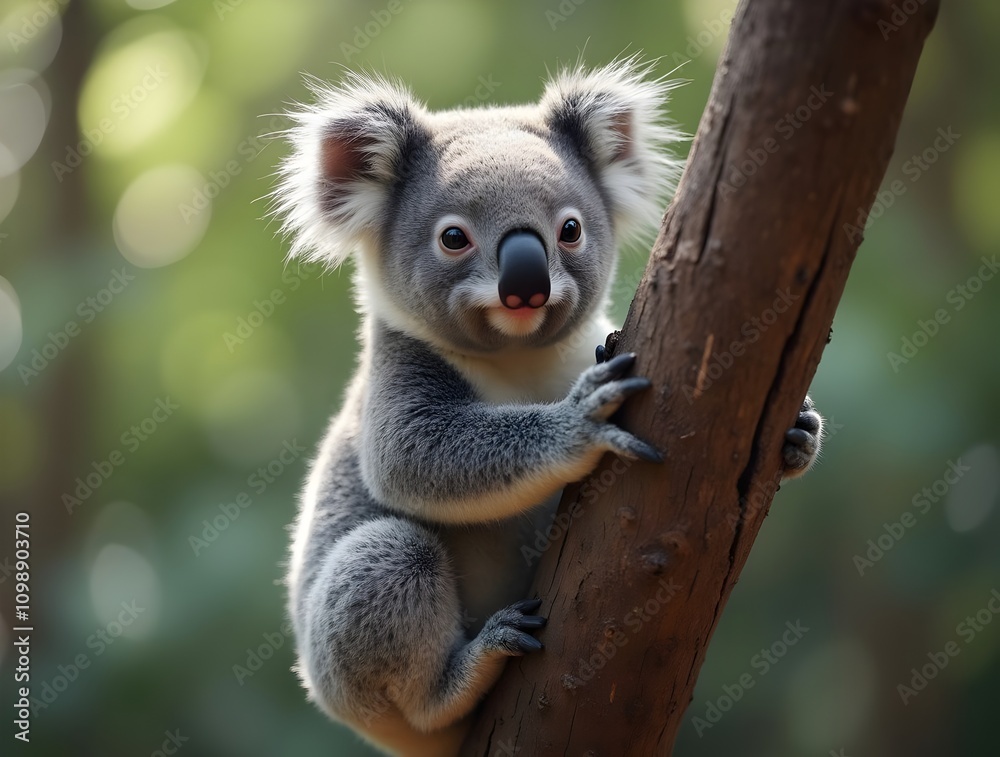 Fototapeta premium A cute koala clinging to a tree branch. The koala smiles at the camera.
