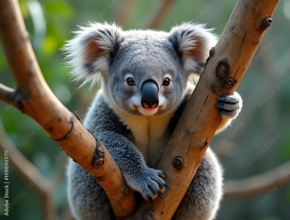 Fototapeta premium A cute koala clinging to a tree branch. The koala smiles at the camera.