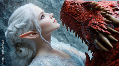  Fantasy Art of a White-Haired Elf Girl in Ice Dress Gazing Up at a Red Dragon photo