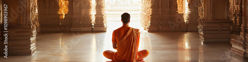 Indian man wearing a dhoti and a kurta, offering namaste at a temple photo