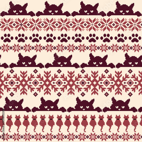Seamless knit pattern with cute cats in the design,