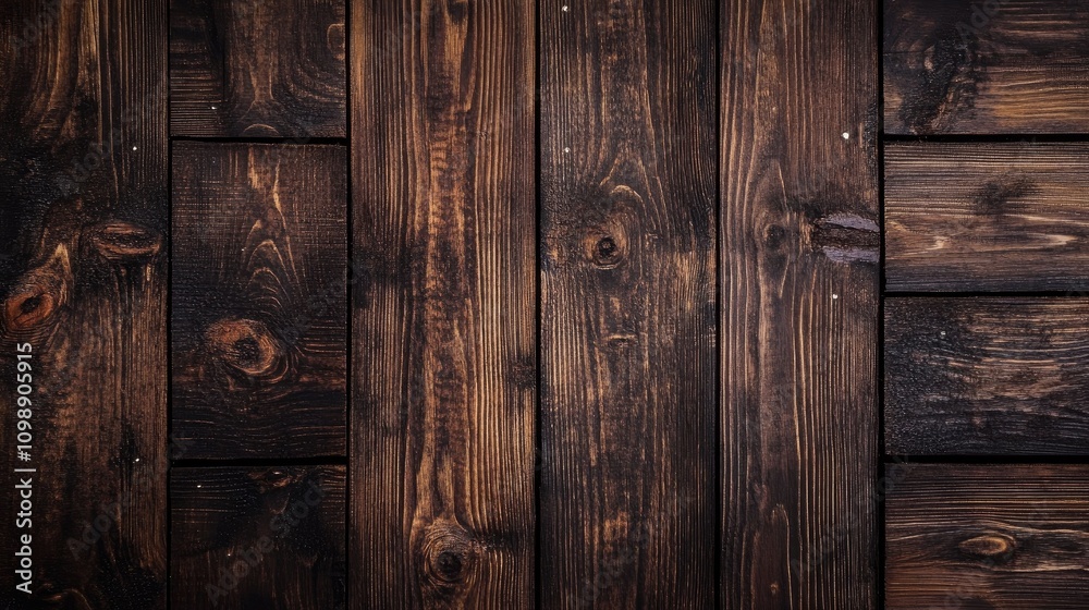 Obraz premium Rich dark brown wooden texture with a rustic appearance, featuring varied grain patterns and natural imperfections for an authentic backdrop.