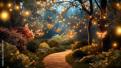 Magical Path Through Enchanted Forest with Glowing Fairy Lights and Butterflies photo