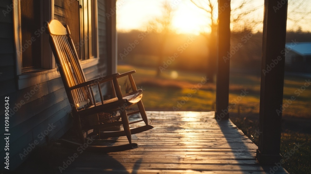 Fototapeta premium A solitary chair on a porch at sunset, absence and quiet reflection concept