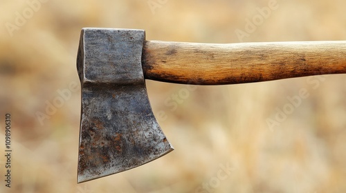 Close-up of a weathered steel axe with a rustic wooden handle, designed for chopping wood, set against a soft-focus natural background. photo