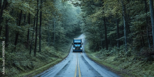 modern container truck running in the middle of a forest of trees photo