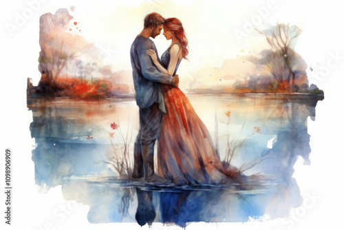romantic scene made using watercolor technique. In the center of the composition, a young couple, hugging, stands on the shore of a calm lake.  