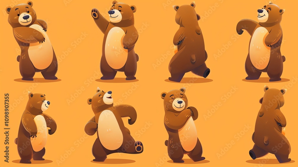 Fototapeta premium A set of eight cartoon bear illustrations in various poses.