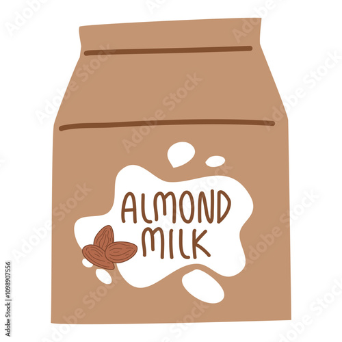 almond milk in paper package with liquid splash and nuts