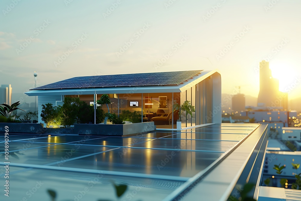 Fototapeta premium Solar panels installed on the roof of a building. Futuristic generic smart home with solar panels