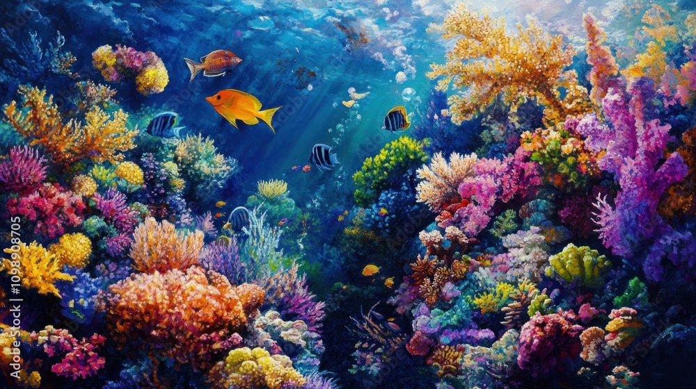 Naklejka premium A vibrant coral reef teeming with colorful marine life.