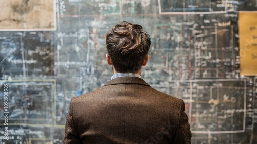 Man in a brown suit analyzing complex graphs on a chalkboard wall, focused and deep in thought, with a stylish hairstyle and businesslike demeanor.