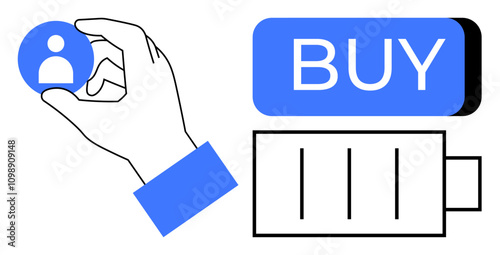 Hand holding user profile icon, next to BUY button and battery icon. Ideal for marketing strategies, user interaction, customer acquisition, e-commerce, technology, online shopping, user engagement