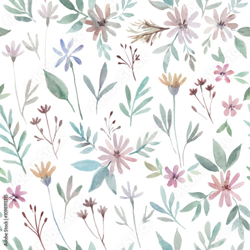 Cute delicate floral pattern with pink flowers and plants.Hand-drawn watercolor illustration.
