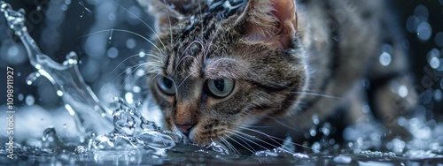 Close-up of a curious cat exploring water splashes photo