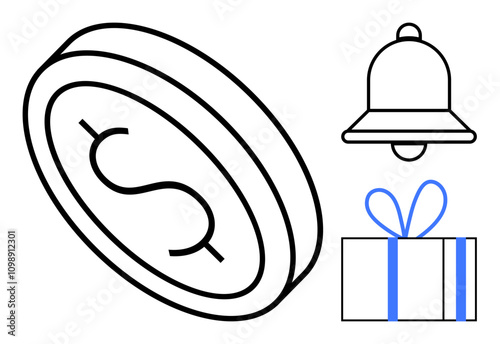 Dollar coin, bell notification, and gift box. Ideal for finance, alerts, rewards online shopping savings gifting investments. Line metaphor. Simple line icons