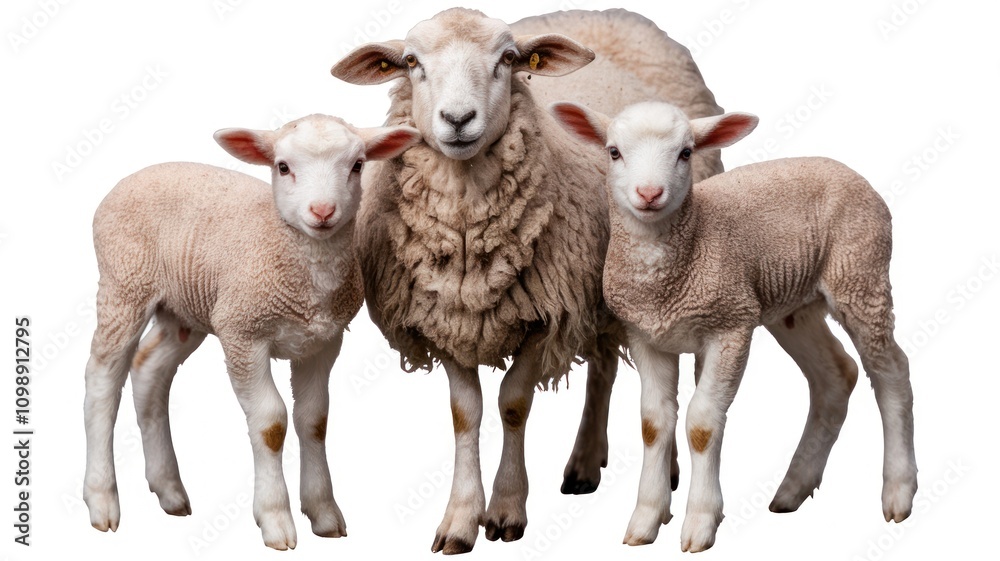 Fototapeta premium Sheep with two lambs standing together on white background.