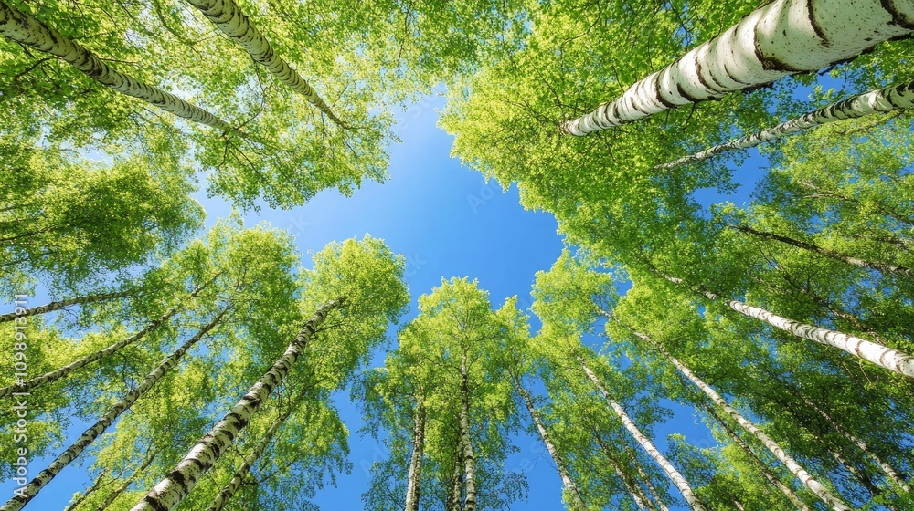 Fototapeta premium Vibrant summer forest scene featuring tall birch trees and a clear blue sky, viewed from below in a panoramic perspective.