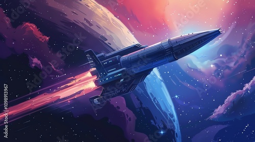 Wallpaper Mural A spaceship flies through space, with a planet in the background. Torontodigital.ca