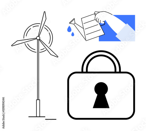 Wind turbine generating energy, hand holding watering can with drops, padlock with keyhole. Ideal for energy, sustainability, security, environment, conservation nature and innovation themes. Line photo