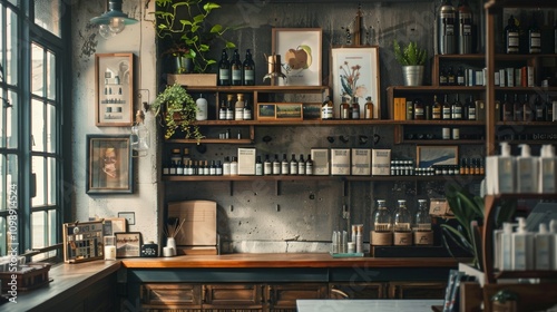 Vintage apothecary shelves with plants and bottles in a cozy shop photo