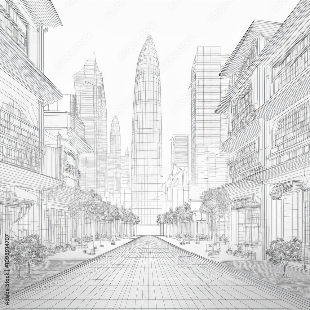 Fototapeta premium Sketch Concept Wireframe Black White with White Background
