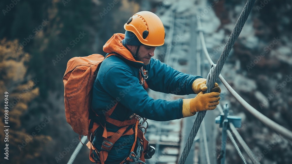 Fototapeta premium Worker securing cables on a bridge, safety helmet and gloves highlighted - Action-focused and scenic, natural light