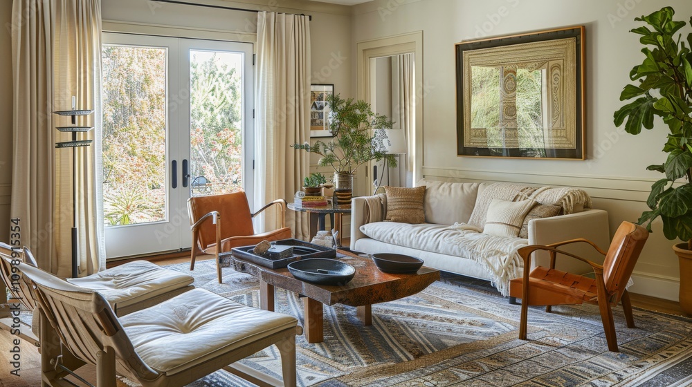 Obraz premium Living room with a mix of vintage and modern furniture, showcasing eclectic design and personality