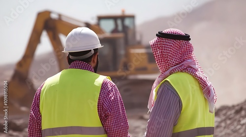 Saudi Arabian Contractors Inspecting Construction Site with Heavy Machinery