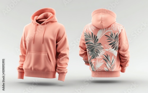 Stylish pink hoodie, front and back view photo