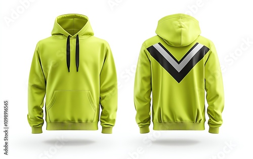 Bright green hooded sweatshirt, white isolated background photo