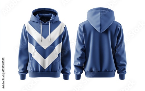 Blue hoodie with white chevron design, isolated. photo