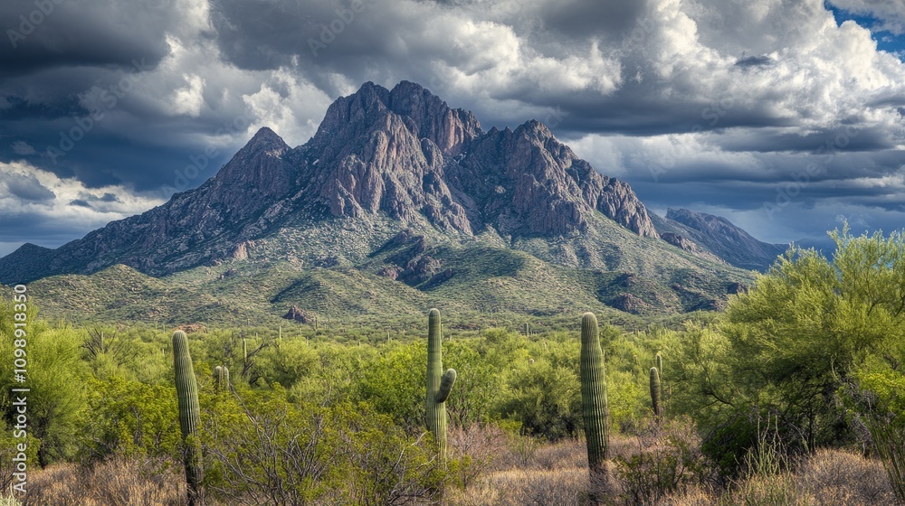 Obraz premium Majestic Mountain Landscape Under Dramatic Cloudy Sky in Desert