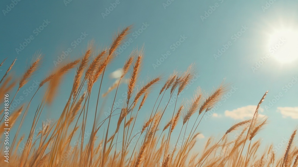 Fototapeta premium Golden wheat stalks gently swaying in the breeze against a bright blue sky with a radiant sun, capturing a serene and picturesque rural landscape.