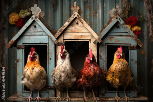 funny scene with four roosters sitting in small houses. These houses are designed in the style of old dovecotes and are painted sky blue with rust accents, giving the scene a vintage look.  