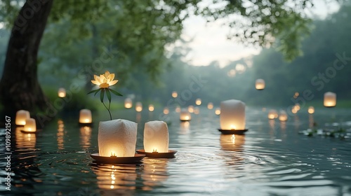 Breathtaking scene of numerous colorful floating lanterns drifting gracefully over a calm reflective river during a peaceful and enchanting Festival of Lights photo