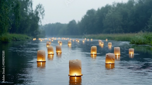 Serene Scene of Glowing Floating Lanterns Drifting Peacefully Over a Calm River at a Nighttime Festival of Lights photo